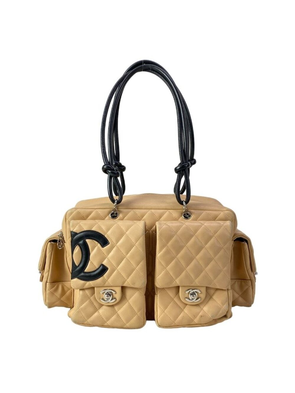 Chanel Shoulder Bag Cambon Line Multi Pocket Beige Black Silver